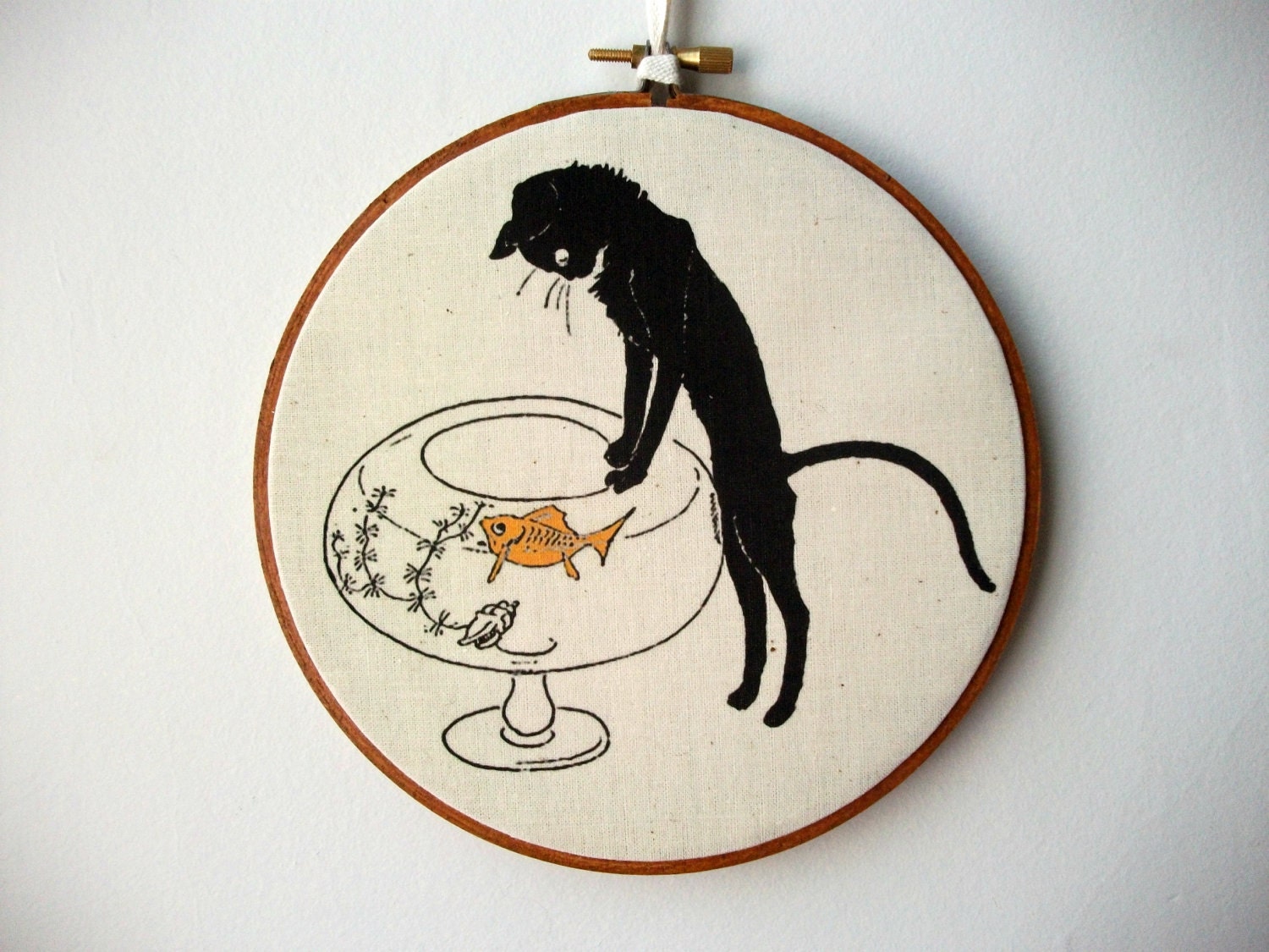 Printed Fabric Hoop Art Wall Hanging - Curious Cat