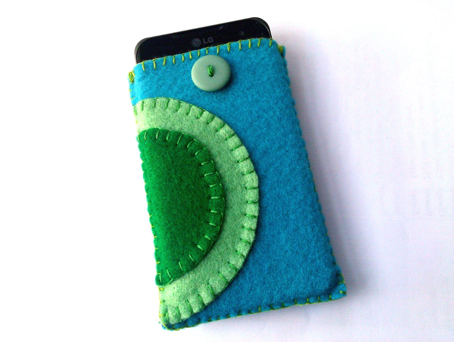 Phone Case, Felt Phone Cosy, Blue and Green with Button - KirstieKrafts
