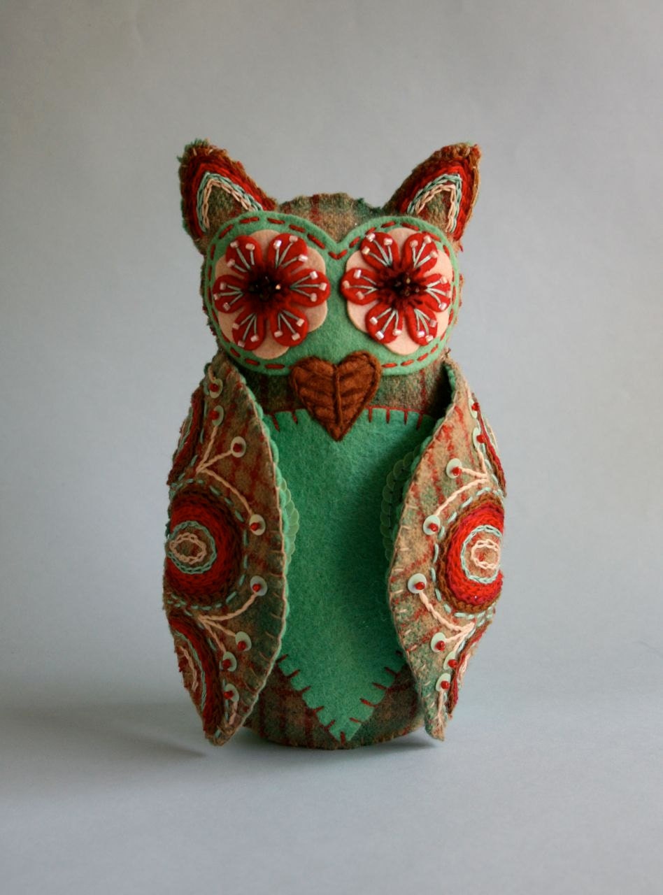 Owl Doll- Embroidered Felt- Mexican Folk Art- Mint Green and Red
