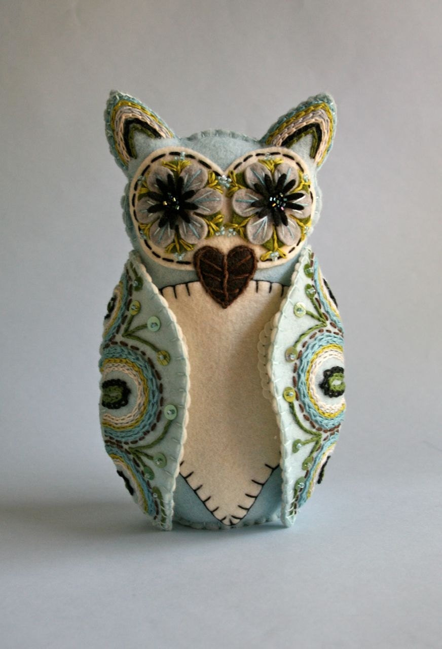 Owl Doll- Embroidered Felt- Mexican Folk Art- Blue and White