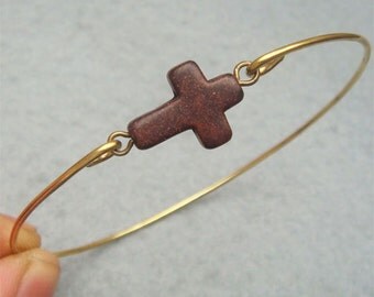 Brown Turquoise Cross Brass Bangle Bracelet