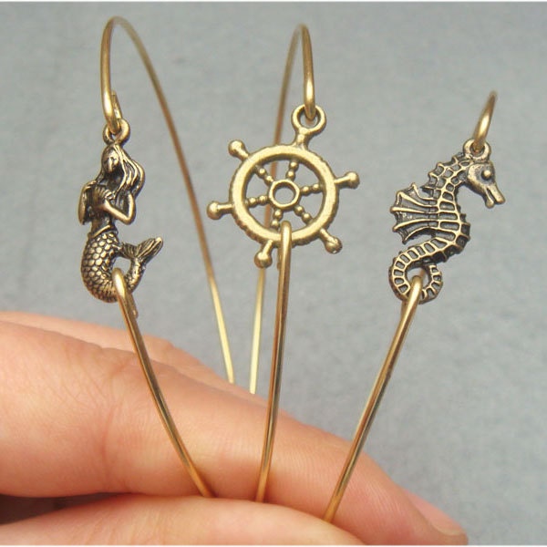 Mermaid Helm and Seahorse Brass Bangle 3 Bracelet Set
