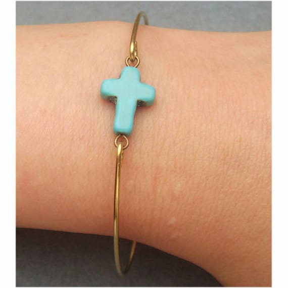 Classic Turquoise Cross Brass Bangle Bracelet