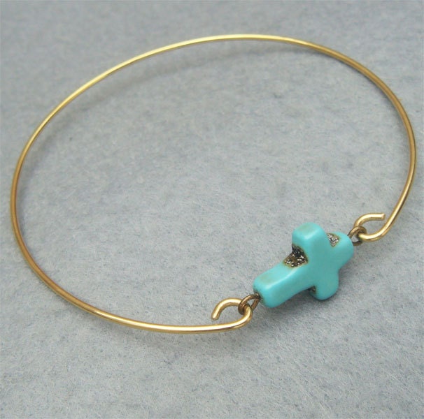 Classic Turquoise Cross Brass Bangle Bracelet