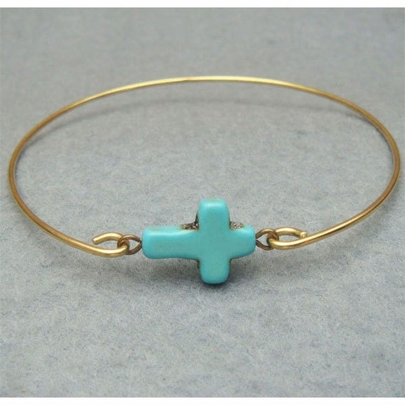 Classic Turquoise Cross Brass Bangle Bracelet