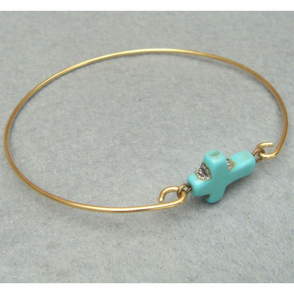 Classic Turquoise Cross Brass Bangle Bracelet