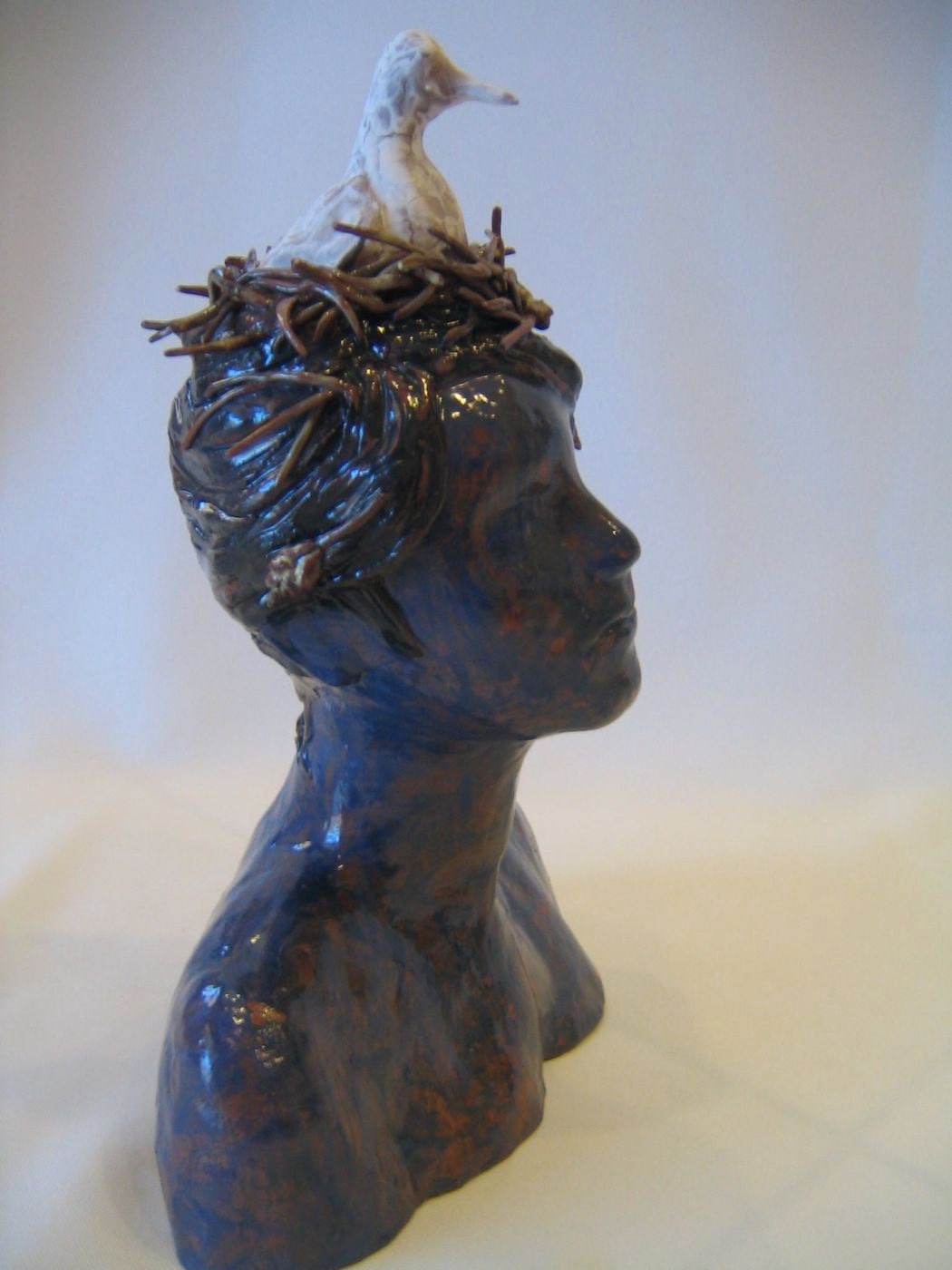 Thoughtful Dove Bird Nest Woman Lady Blue Ceramic Sculpture Earthenware, "Bird Nest Lady"
