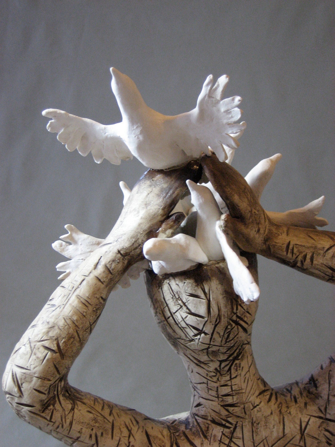 Woman Female Swirling White Birds Doves Flying Flight Ceramic Sculpture "Bird Lady"