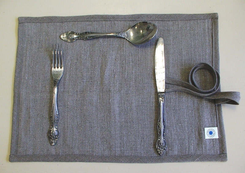 Cutlery Holder--Delicate Placemat--Cloth Flatware Case Roll Wrap--Picnik Flatware Holder--Ecru Set of Two