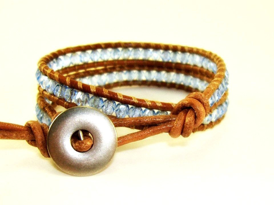 Light Sapphire Beaded Leather Wrap Bracelet -  light sapphire czech glass on natural tan leather - Chan Luu Style - MADE TO ORDER