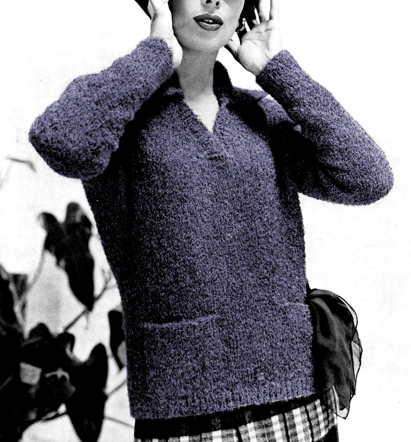 1950s V Neck Pullover Sweater with Pockets - Knit pattern PDF 0854