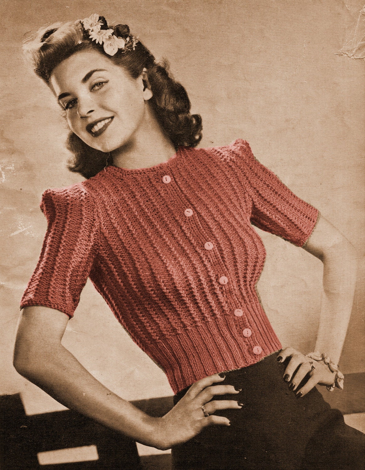 1940s Button Front Sweater with Puff Short Sleeves - Knit pattern PDF 1217
