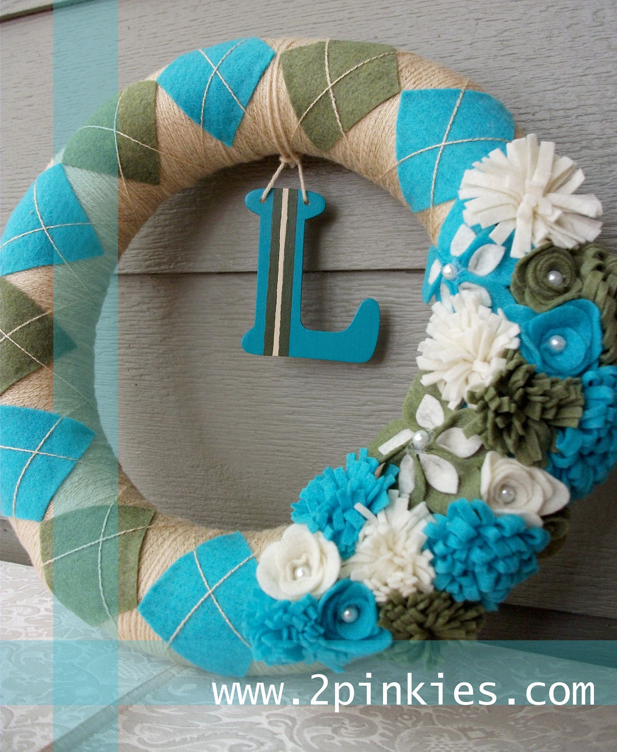 Spring Wreath - Antique Gold, Aqua and Olive Green 14" Argyle Wreath, Yarn Wreath