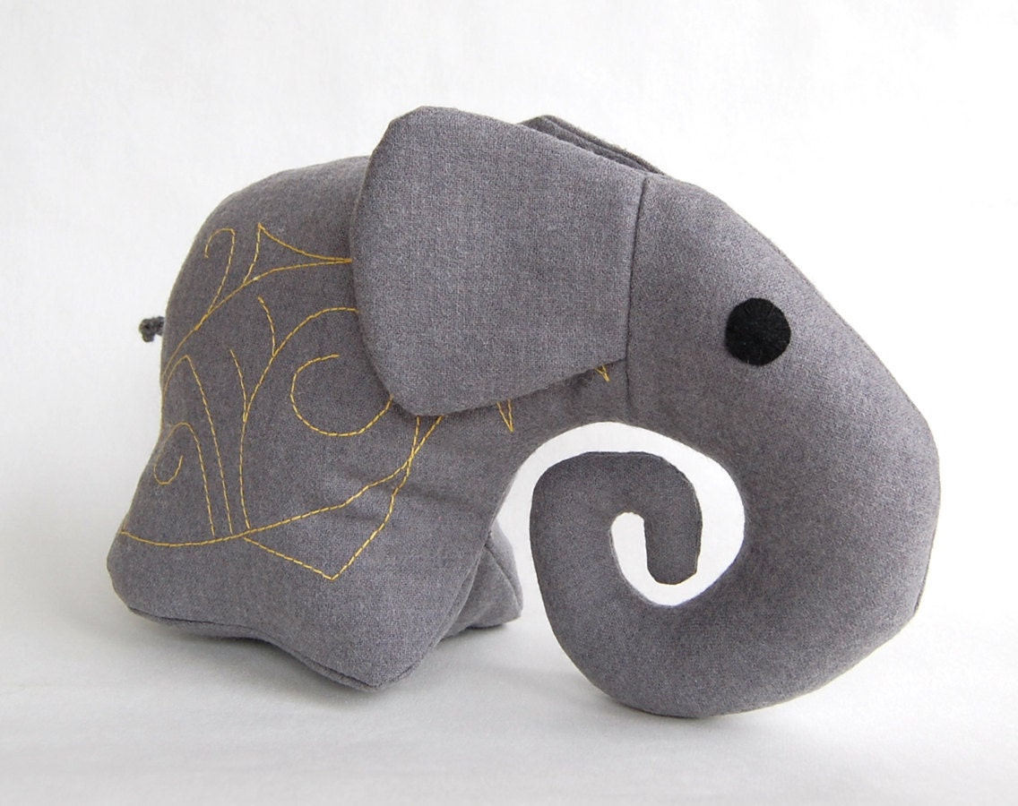 Gray Elephant Toy, soft wool geometric embroidery