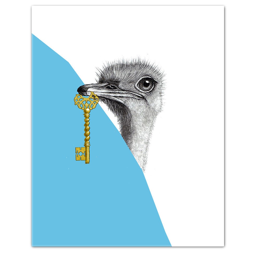 Ostrich Portrait with Key - ART Print 8" x 10"