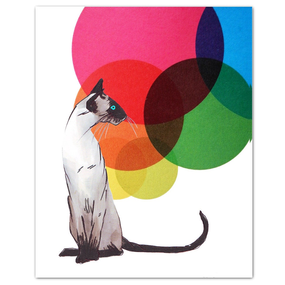 Mixed media Decorative art Animal painting drawing illustration portrait  print POSTER 8x10Siamese Cat with  Colorful Balls - RococcoLA