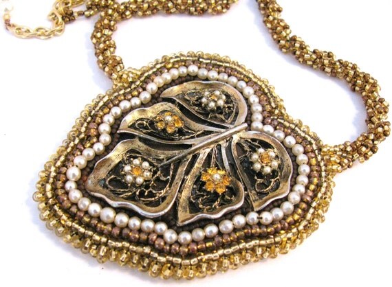 SALE 10% Off Bead Embroidery Necklace  Vintage Leaf Pendant gold brown pearl