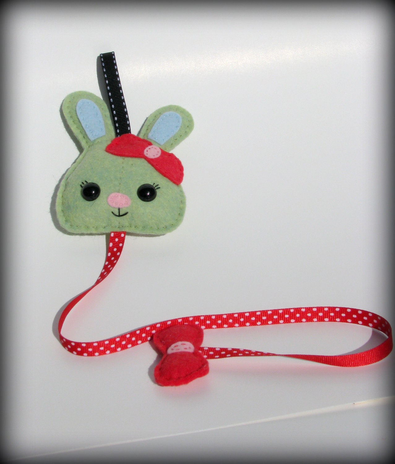 felt plush barrette holder - Bunny rabbit felt ribbon hanger -  green and red hair bow organizer - hand stitched lime green and red