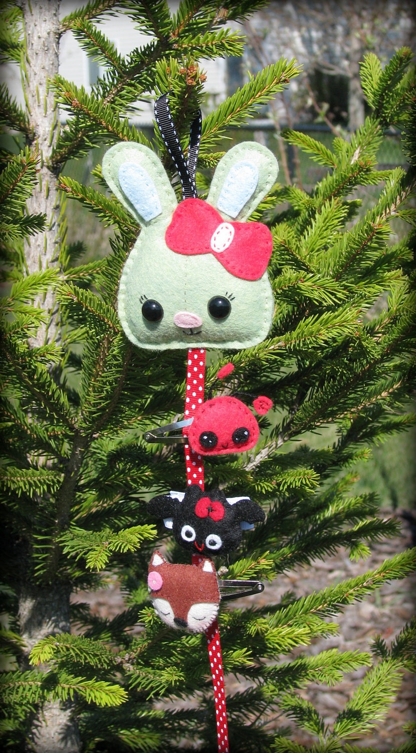 felt plush barrette holder - Bunny rabbit felt ribbon hanger -  green and red hair bow organizer - hand stitched lime green and red