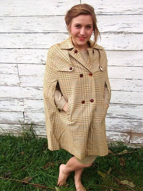 adorable yellow plaid 60s cape - classy double button style