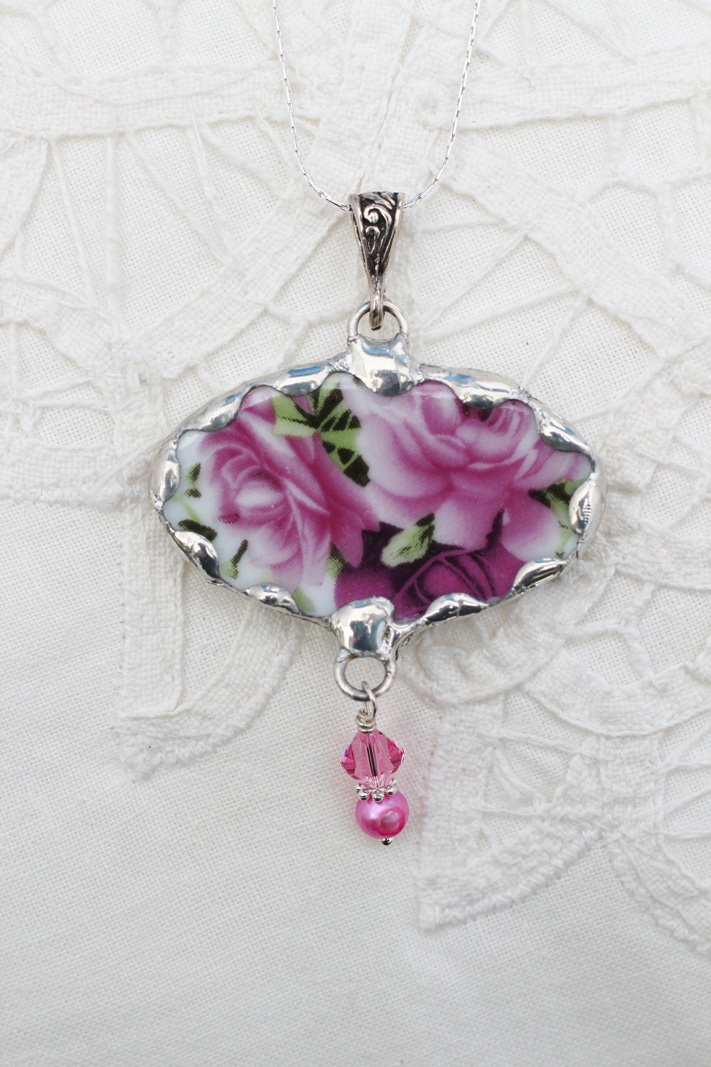 Broken China Jewelry Oval Pendant Necklace Pink Rose Sterling Silver Chain Included