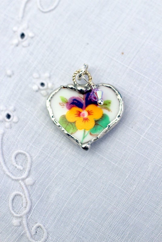 Broken China Jewelry, Heart Charm Pendant, Yellow and Purple Pansy, Crown Staffordshire