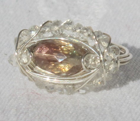 OREGON SUNSTONE RING - Artisan, With White Topaz & .925 Sterling Silver - Sz. 5