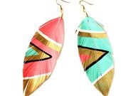Neon Aztec - 4.5 inch - Faux Leather Feather Earrings - Electric Pink and Blue - FREE SHIP