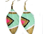 Neon Aztec  - Seafoam - 3 inch - Hand Painted Faux Leather Feather Earrings