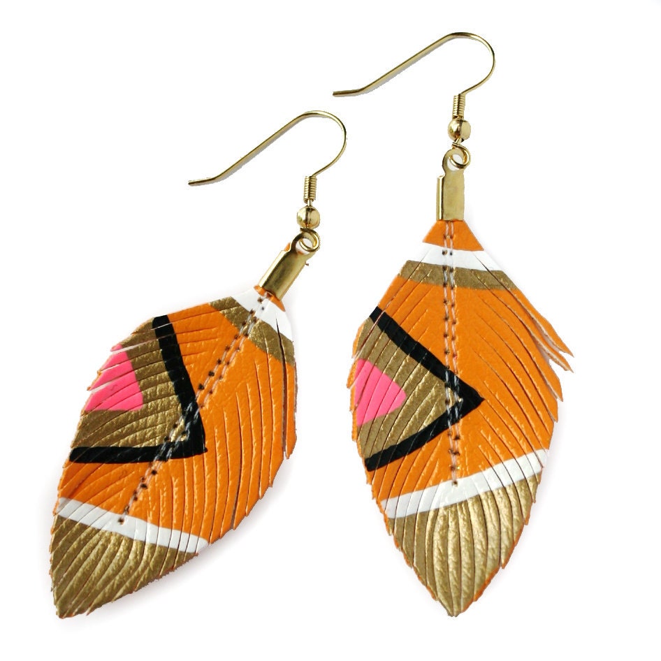 Neon Aztec  - Tangerine - 3 inch - Hand Painted Faux Leather Feather Earrings