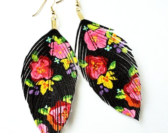 Floral Fashionista - BLACK - Hand Painted  Faux Leather Feather Earrings 14k Gold - Free Shipping