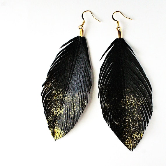 Items similar to Gold Dust Faux Leather Feather Earrings Surgical