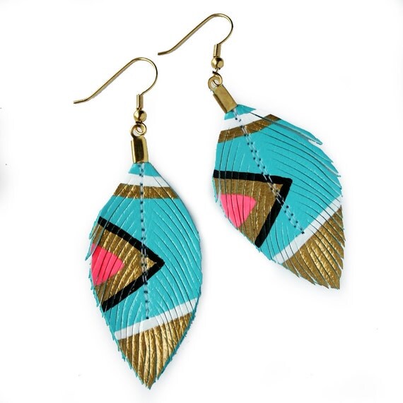 Neon Aztec  - Turquoise - 3 inch - Faux Leather Feather Earrings
