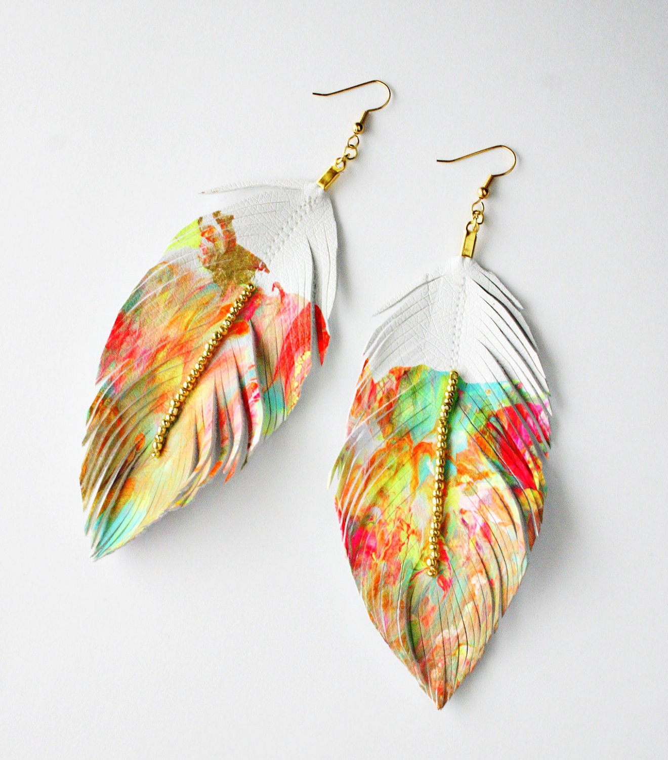 Painters Palette - Faux Leather Feather Earrings- Tan/Nude or White