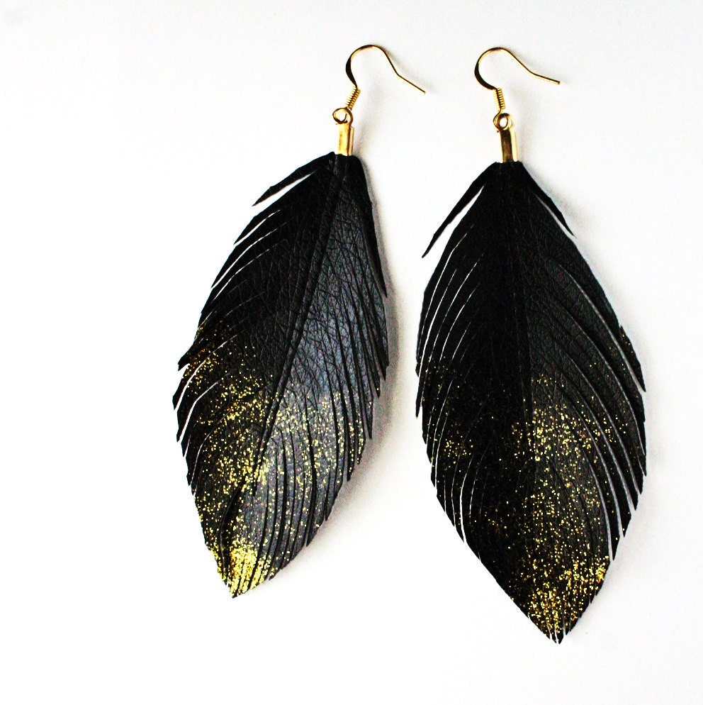Gold Dust - Faux Leather Feather Earrings - Surgical Steel Available