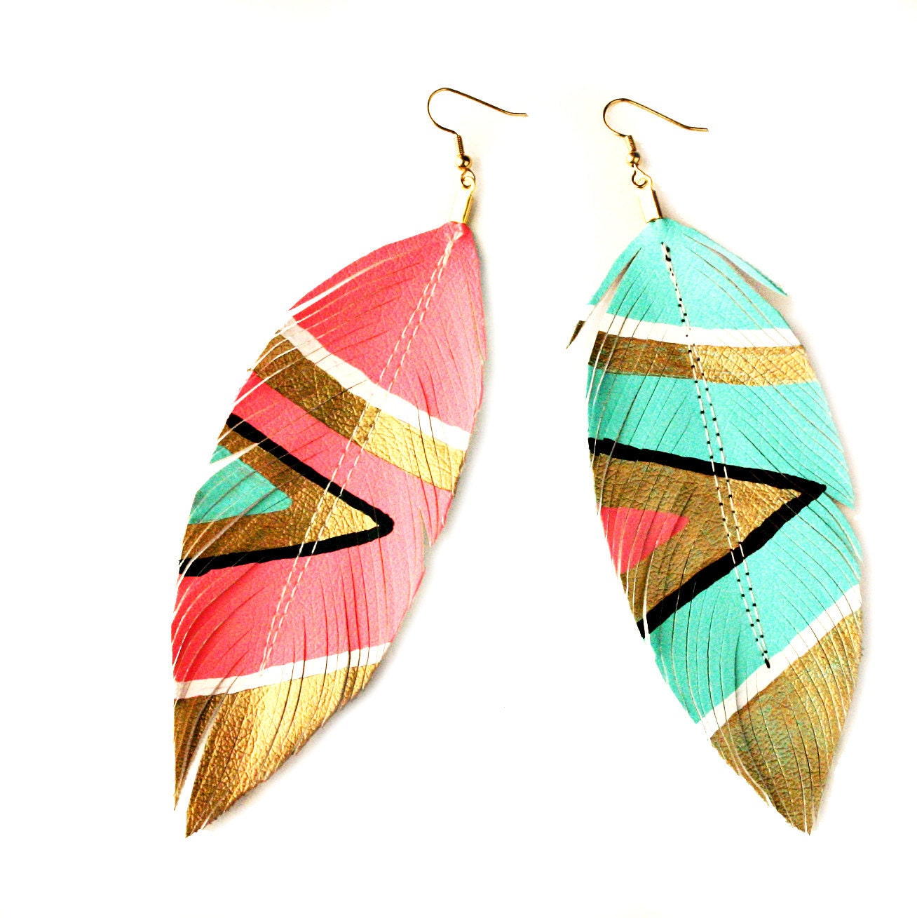 Neon Aztec - 4.5 inch - Faux Leather Feather Earrings - Electric Pink and Blue - FREE SHIP