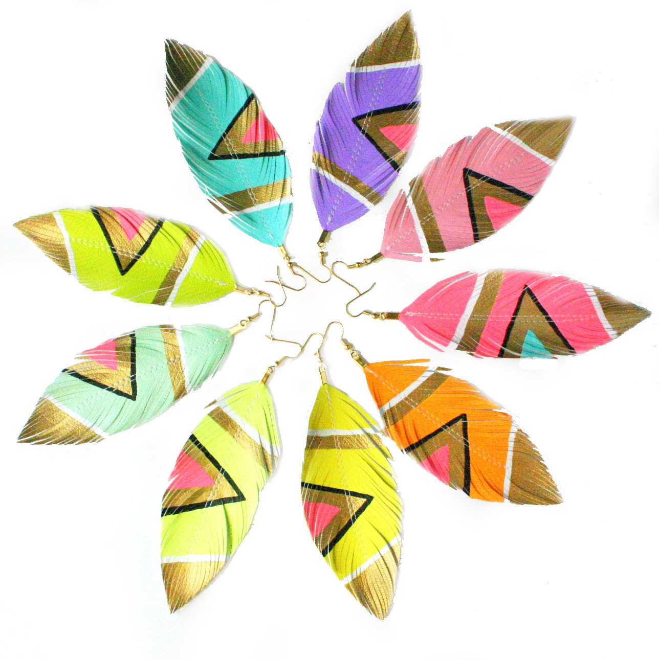 Jewelry, Dangle Earrings, Neon Aztec - 4.5 inch - You Pick Color - Handpainted Faux Leather Dangle Feather Earrings