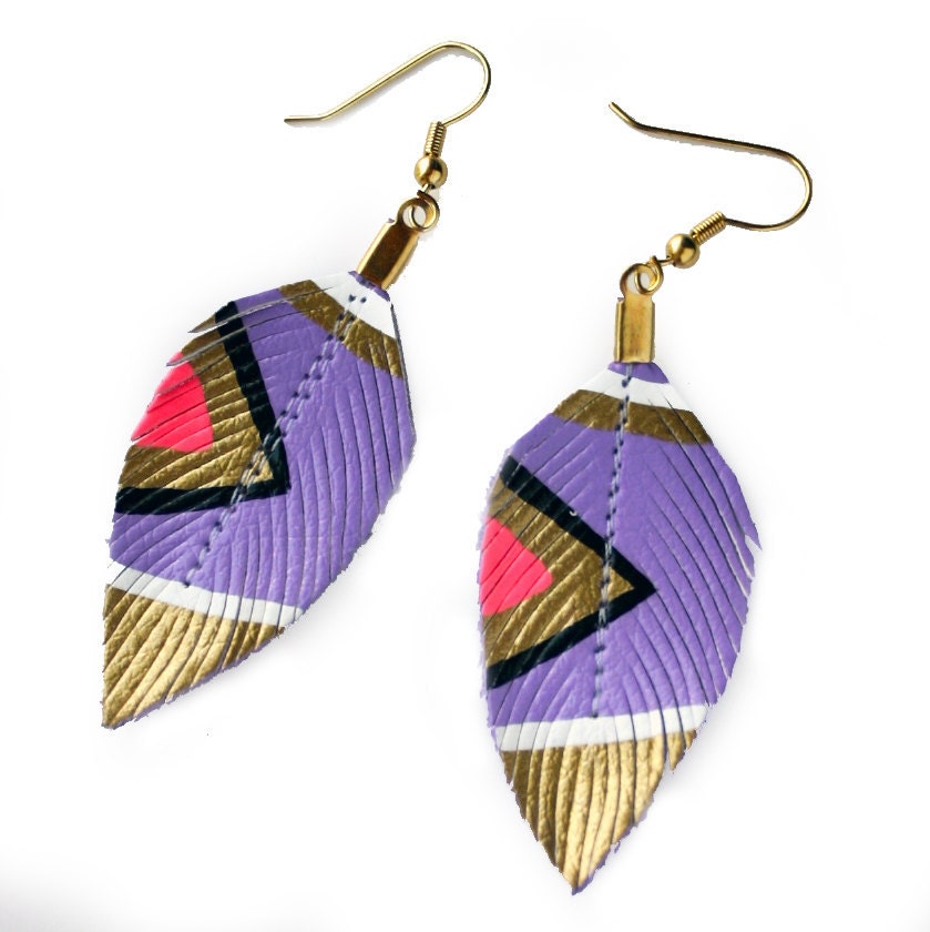 Neon Aztec - Lilac Purple - 3 inch - Faux Leather Feather Earrings - FEATURED in Mpls/St Paul Magazine