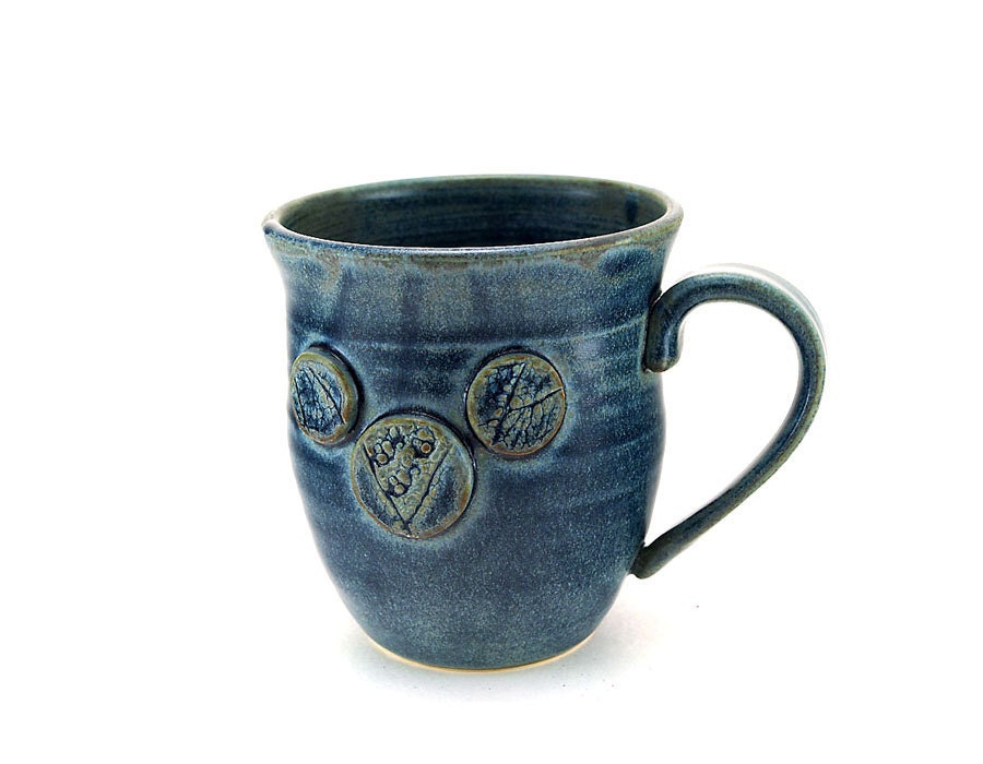 Blue Ceramic Mug Textured with Shells and Corals, Beach Themed Pottery, Mothers Day, Gift for Him or Her by MiriHardyPottery