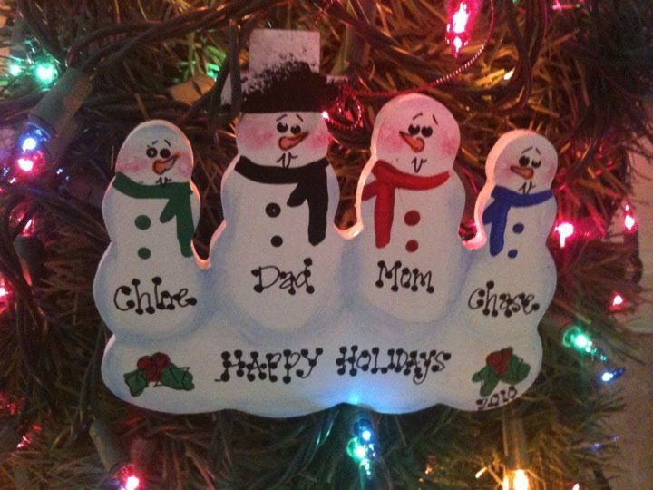 Snowman family of 4 personalized ornament 2013  Christmas Holidays Xmas wooden wood