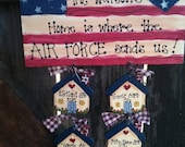 Patriotic Home is where the Air Force Personalized  Sends Us wood sign w 4 houses Any branch Welcome 4th fourth of july military