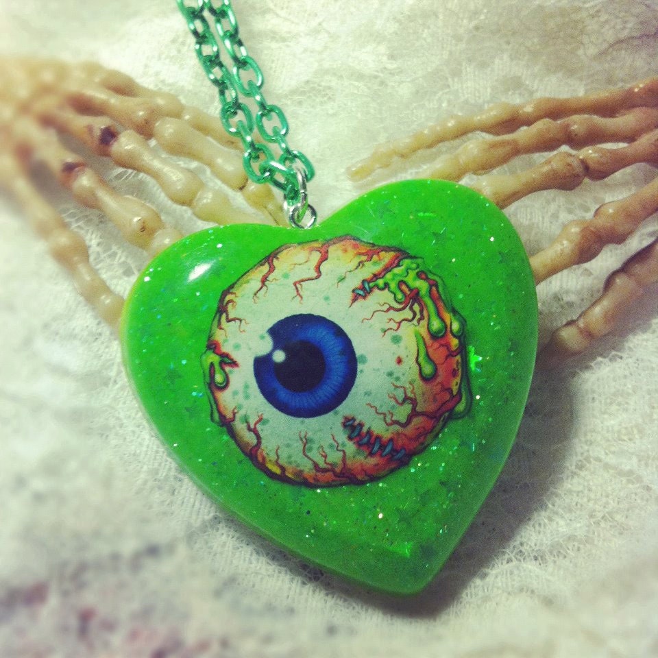 Zombie Eye Ball Gore Toxic Green Holograpgic Glitter Heart Necklace