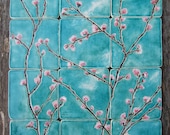 12 cherry blossom ceramic tiles pink blossoms turquoise sky dreamy white clouds kitchen bathroom Spring time Sakura MADE TO ORDER