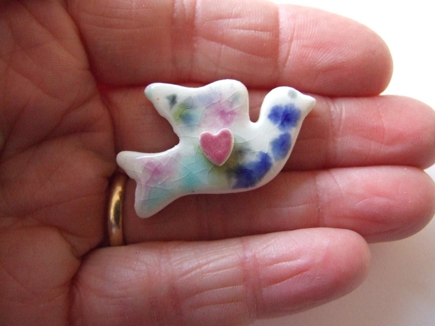 SPRING SALE Ceramic bird brooch, tiny pink heart on pastel watercolour crackle glaze