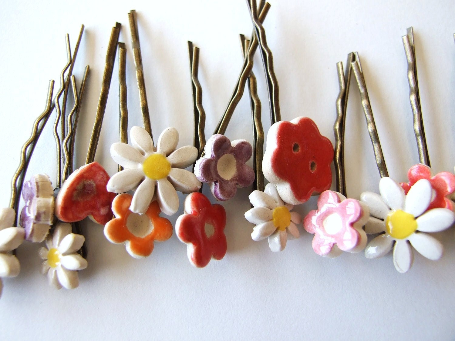 2 cute bobby pins flower daisy antique bronze hair clips Spring Summer