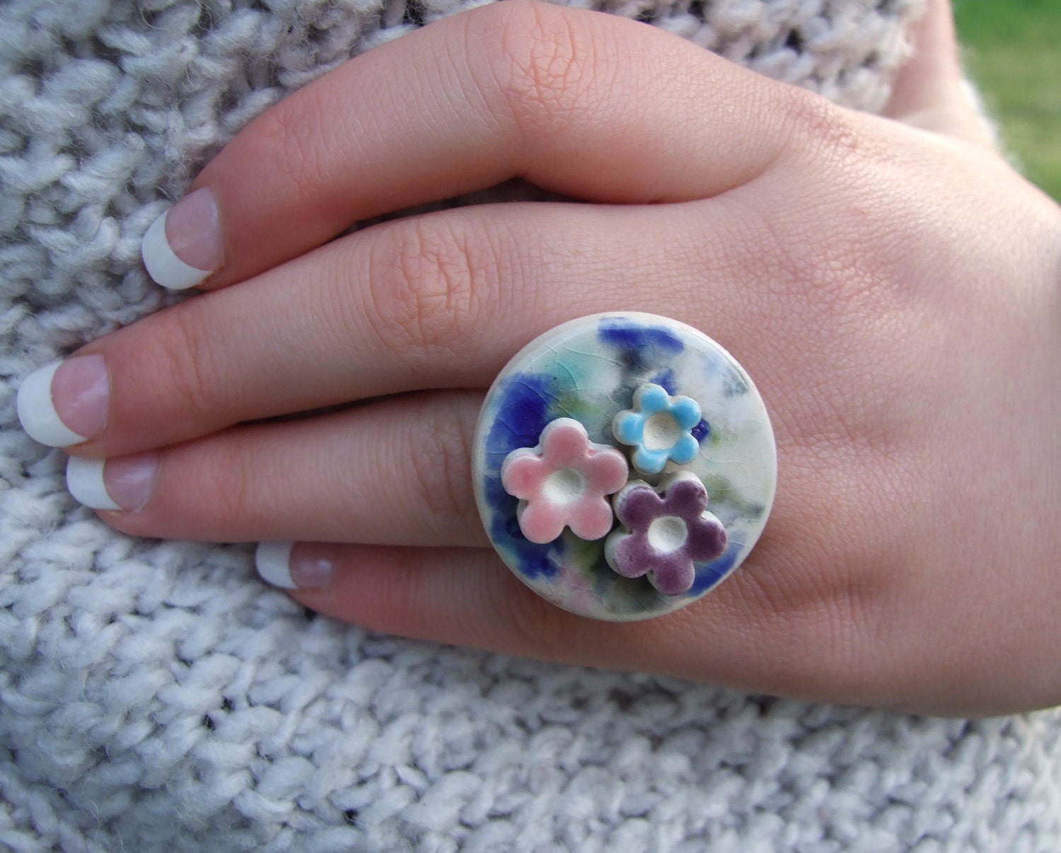 Flower power ring with Purple, Pink and Turquoise glazed flowers on water colour crackle glaze ring, Summer