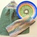 Knitted Hand Towel with hanging loop and Dish Cloth Set, greens and creams
