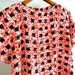 RESERVED for LAUREN- Vintage 80s Blouse Silk blend, short sleeves, peep hole button back in red, black, white, Women summer shoulder pads
