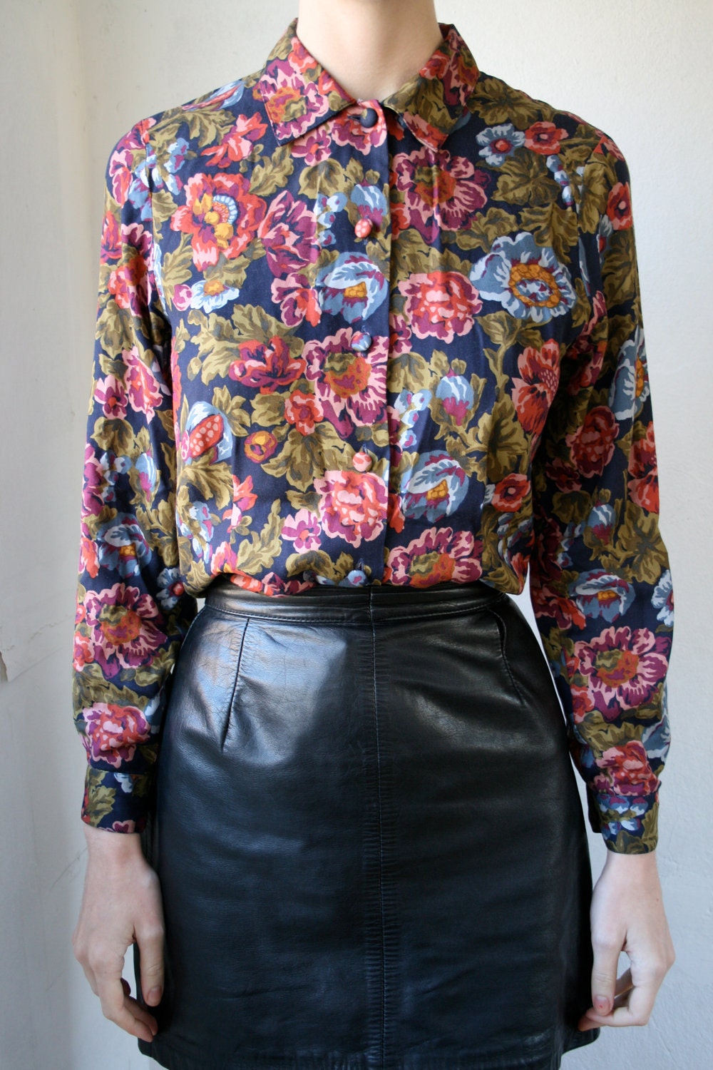 Dark floral cotton button-down blouse