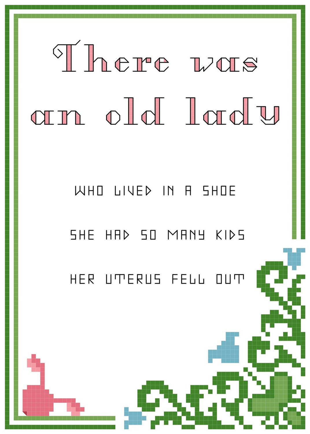 Andrew Dice Clay - There was an old lady Counted cross stitch 5X7 dirty nursery rhyme